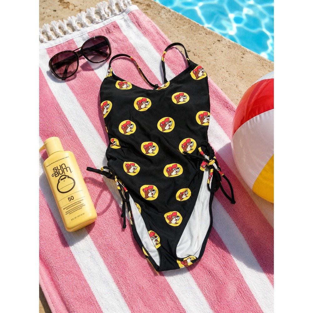 Buc-ee's Beaver Logo One Piece Swimsuit Side Tie Black Poolside Women's Large